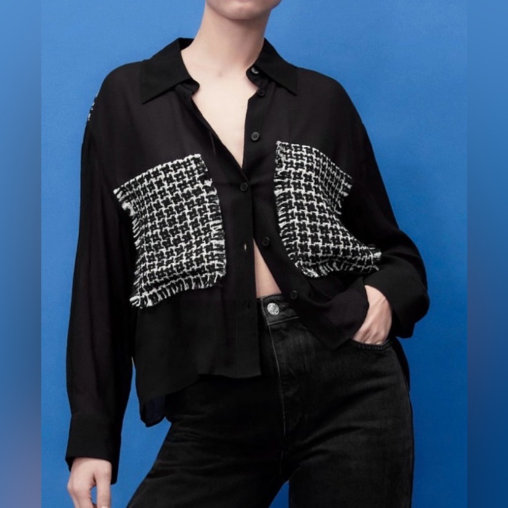 ZARA Black Sheer Blouse Black White Cream Tweed Pockets Button Up‎ Size Medium